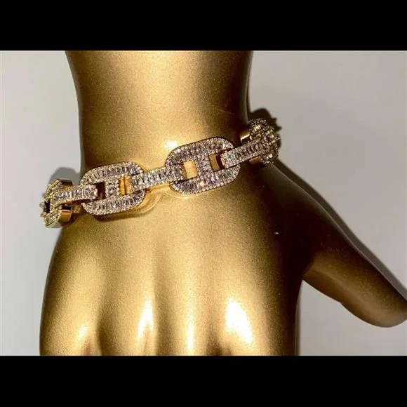 Designer Ice Out 14MM Miami Cuban Link Bracelet 14k Gold Finish Bling Bust Down